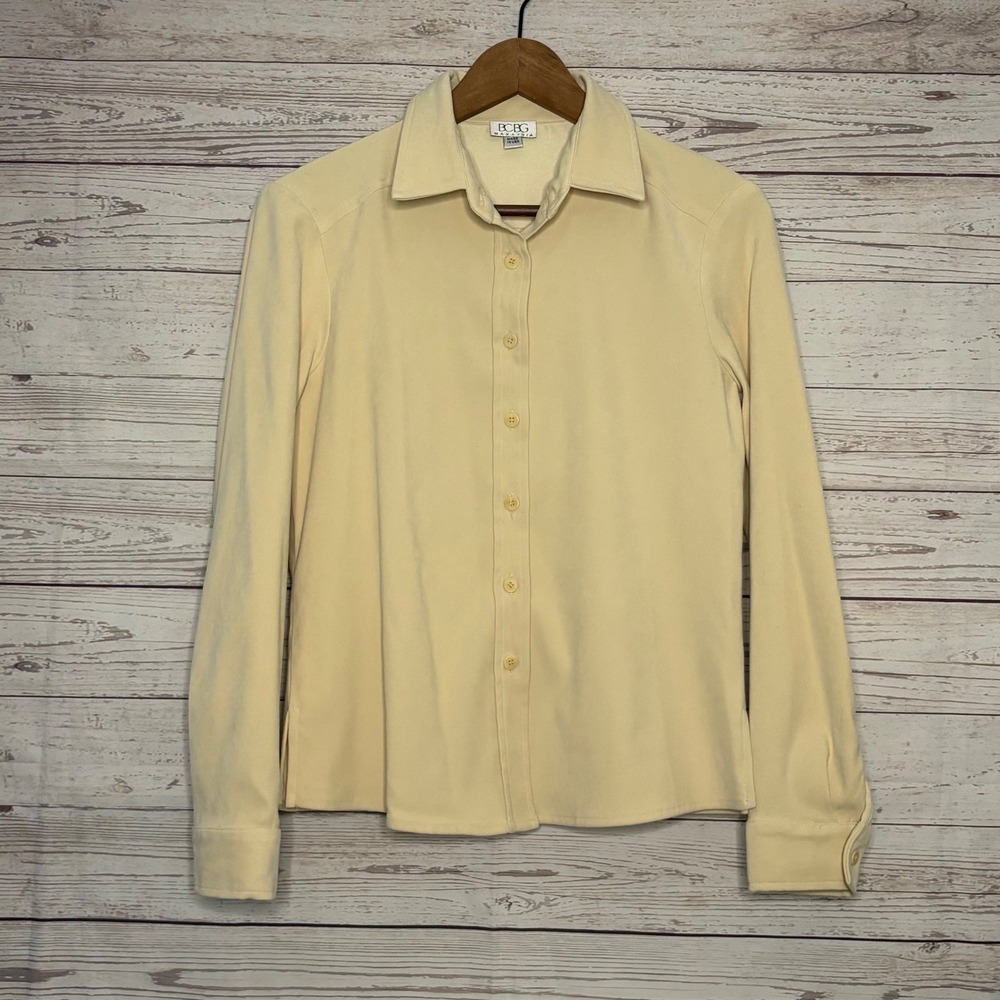 BCBG Max Azria Pale Yellow Cream Faux Suede Button Up Blouse Small Made in USA